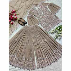 NOUVELLE ARRIVÉE GEORGETTE SEQUENCE MULTI NEEDLE WORK TOP PALAZZO AVEC DUPATTA - Product Image 5