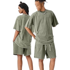 Custom Logo Vintage Acid Washed Sweat-Absorbing Terry Fabric T Shirt Shorts DTG Men Heavyweight Blank Oversized 100% Cotton <b>Set</b> - Product Image 1