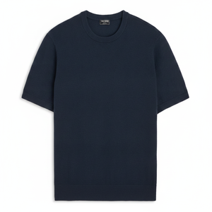 T-shirt à manches courtes pour homme, bleu marine, col rond, coupe classique, en coton tricoté, vêtements décontractés - Product Image 2