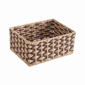 Two-Tone Woven Paper Rope <b>Storage</b> <b>Baskets</b> Set of 3, <b>Rectangular</b> Nesting Vanity & Shelf Organizer Bins with Wire Frame - Product Image 1