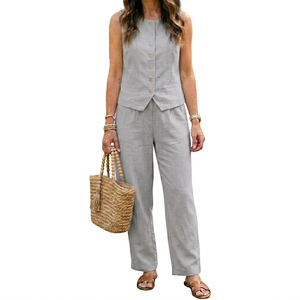 Conjunto de pantalones anchos y top sin mangas de lino rosa, cuello redondo, ropa informal holgada de verano para mujer - Product Image 3