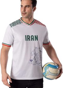 Maillot de football blanc personnalisé de l'équipe nationale d'Iran, imprimé léopard, respirant, en polyester, avec col en V brodé, design sportif - Product Image 4