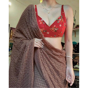 FANCY NEW DESIGNER <b>SAREE</b> PARTY WEAR EMBROIDERY WORK CHIKOO - Product Image 1