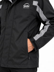 <b>Men</b>’s Waterproof Hooded Work Jacket <b>Black</b> Grey Contrast Panel <b>Windbreaker</b> with Chest Pocket Adjustable Cuffs Custom Logo - Product Image 6