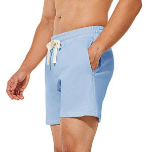 Shorts de sport pour hommes en molleton de coton noir avec taille élastiquée et cordon de serrage long, longueur genou, style short de plage, vêtements de sport, en vente - Product Image 6
