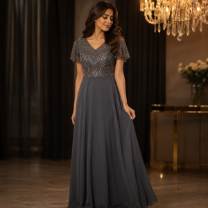 Luxury Grey Beaded Evening Gown for Women Elegant V Neck Formal Maxi Dress Embroidered Chiffon Party Wear Cocktail Prom Dress - Product Image 2