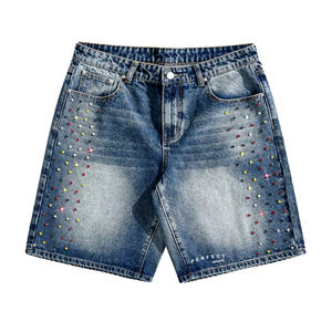 Pantalones Cortos de Mezclilla 100% Algodón Ecológico para Hombre, Estilo Vintage con Pedrería, Cierre de Cremallera, Estilo Hip Hop - Product Image 6