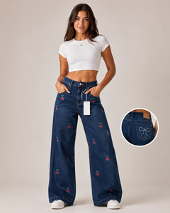 Jean Fawkes taille haute coupe large délavé clair brodé en denim décontracté pour femme – Prix de gros imbattable, personnalisable - Product Image 6