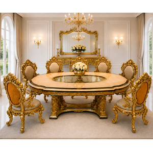 Ensemble de table à manger en bois massif sculpté à la main, 8 places, avec plateau tournant, design traditionnel, origine Inde - Product Image 1