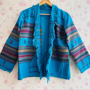 <b>Women</b> Boho Blue Suzani Embroidered Cotton Jacket Handwork Ethnic Short <b>Coat</b> Vintage Style Outerwear - Product Image 1