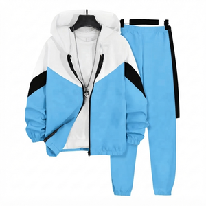 Ensemble de survêtement décontracté deux pièces pour homme : sweat à capuche zippé et pantalon de jogging, couleur bleu clair, style color block, tenue de sport personnalisable - Product Image 1