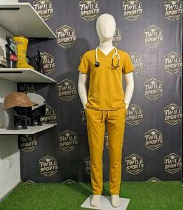 ชุดสครับสีเหลืองสำหรับผู้หญิง เสื้อคอวีและกางเกง ชุดยูนิฟอร์มโรงพยาบาลสำหรับบุคลากรทางการแพทย์ ผ้าฝ้ายผสมโพลีเอสเตอร์ - Product Image 4