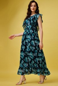 Vestido Largo de Georgette con Estampado Floral de Diseñador, con Forro de Crepé, Cuello Redondo, Manga Corta, Completamente Cosido, Estilo Étnico Fusion, Venta al Por Mayor - Product Image 3
