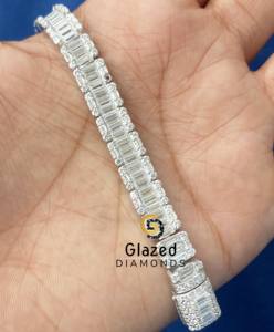 Gorgeous New Round Brilliant and <b>Baguette</b> Moissanite Diamond Iced Out Cluster Tennis <b>Bracelet</b> in 925 Sterling Silver - Product Image 4