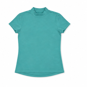 T-shirt ajusté moderne pour femme en jersey de coton côtelé doux, col montant, manches courtes, vert aqua personnalisable - Product Image 6