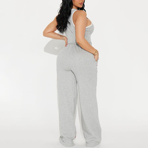 Boutique Women Solid Spandex/Cotton 2Piece Sporty <b>Set</b> Sleeveless Short <b>Crop</b> <b>Top</b> Wide Leg Pants Breathable Activewear Racing <b>Set</b> - Product Image 2