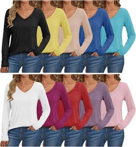 Camisetas de Mujer 100% Algodón, Verano, Cuadros, Cuello en V, Manga Larga, Casual, Holgadas, Tejidas, con Logotipo Frontal - Product Image 3