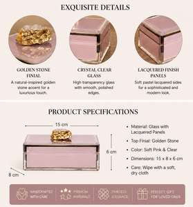 Mauve <b>Pink</b> Glass Jewelry Storage Box with Golden Stone Accent Crystal Clear Glass Lacquered Finish Decorative Keepsake Organizer - Product Image 4