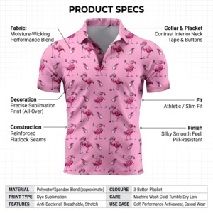 Polo personnalisé pour homme, imprimé flamant rose, manches courtes, respirant, 100% polyester, polo de golf, sublimation, décontracté, sport - Product Image 3