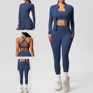 Wholesale Fitness <b>3</b> <b>Piece</b> <b>Women</b> Gym Yoga Wear Set Workout Seamed Solid High Waist Long Sleeve Sports <b>Suit</b> Four-Way Elastic Waist - Product Image 4
