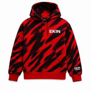 Sweat-shirt à capuche en polaire pour homme EKIN, motif rayé tigre rouge et noir, coupe oversize, streetwear, logo imprimé, poche, coupe classique, vêtement d'automne - Product Image 1