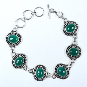 Bracelet à maillons avec fermoir à bascule en argent sterling plaqué, pierre ovale en onyx vert, style bohème ethnique, pour femmes, vente en gros - Product Image 1