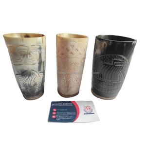 Ensemble de deux verres à boire en corne de bœuf organique sculptés à la main, motif bateau viking, pour bière, cidre, vin, alcool et autres boissons - Product Image 4