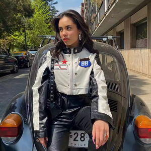 Blouson court de moto pour femme, style streetwear, en toile et cuir, imperméable, coupe-vent et respirant - Product Image 4