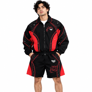 Veste coupe-vent et short de luxe en nylon noir et rouge avec strass, style sportif d'été, veste de survêtement personnalisée USA - Product Image 1