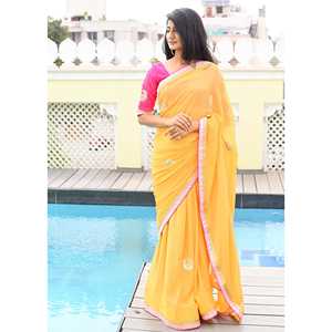 ผ้าส่าหรีสีเหลืองสวยงาม งานแฮนด์เมด ไซส์ XS ทรงตรง เอวธรรมชาติ ทำจากผ้าออร์แกนซ่า - Product Image 6