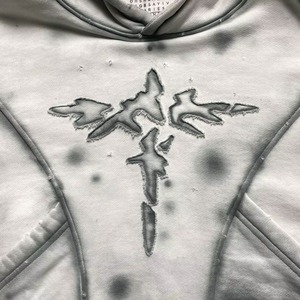 Sweat à capuche streetwear vintage personnalisé effet soleil délavé, double couche, déchiré, délavé à l'acide, gris 500, 100% coton brodé - Product Image 3