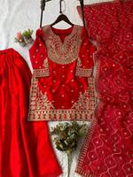 Ensemble Salwar Sharara Dupatta Rouge Lourdement Brodé Traditionnel pour Femme, Tenue de Mariage et de Fête, Designer, Séchage Rapide, FENDY