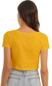 T-shirt en maille respirant à col rond et manches bouffantes, coupe ajustée, couleur unie jaune moutarde, avec ceinture, pour femme, printemps-été - Product Image 3