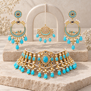 Venta al por mayor de conjunto de gargantilla nupcial, pendientes de aro y tikka con cuentas de turquesa chapadas en oro, a granel - Product Image 6