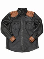 Veste chemise en cuir noir pour homme, écologique, coupe-vent, avec accents marron sur les épaulettes, logo frontal, vêtements de travail décontractés, vêtements d'hiver