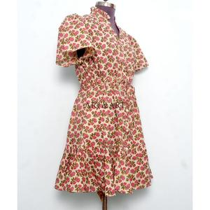 Women's short-length soft pure Cotton <b>Dress</b> Hand Block Floral Print Minimalist Casual Party Wear Formal Bridesmaid Maxi <b>Dress</b> - Product Image 5