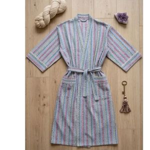Robe mi-longue rayée pour femme, col mandarin, manches courtes, en coton tissé et fibre de bambou, douce, décontractée, printemps, fermeture à cordon - Product Image 5