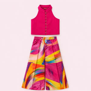 Ensemble palazzo et haut sans manches en Chanderi uni pour femme, avec boutons aux genoux, rose multicolore, élégant, ethnique, pour soirée ou tenue décontractée indienne - Product Image 1