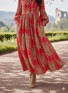 <b>A</b> <b>LINE</b> Cotton Floor Length <b>Dress</b> V Neck Three Quarter Puff Sleeves Animal <b>Pattern</b> Women Daily Wear Embroidery Pocket - Product Image 6