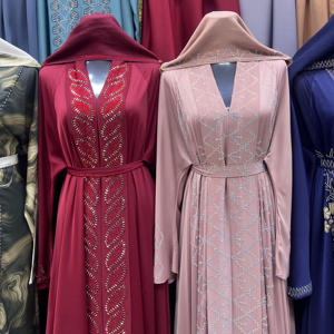 Wholesale Modest Dubai Beaded Sequined <b>Long</b> Sleeve Abaya Muslim Traditional Handmade Wedding Women Polyester Breathable V Neck - Product Image 1