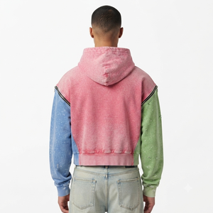 Sweat-shirts vintage délavés pour hommes, à blocs de couleur, avec manches amovibles personnalisées, en coton épais, coupe carrée courte, style hip-hop streetwear - Product Image 3