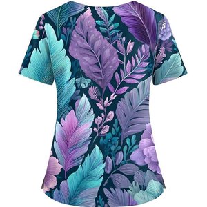Women's Printed Floral <b>Scrub</b> <b>Top</b> Short Sleeve V-Neck Polyester Woven Hospital Uniform Blouse - Product Image 2