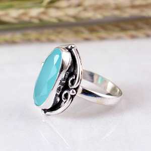 Anillo de boda unisex de plata de ley 925 con calcedonia acuamarina, hecho a mano, estilo bohemio vintage, oxidado. - Product Image 3