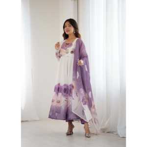 Robe Anarkali en Organza à Imprimé Floral, Coupe A-Line, Taille Empire, Col Rond, avec Superposition Transparente, pour Soirée, Taille XS, Look Éblouissant - Product Image 5