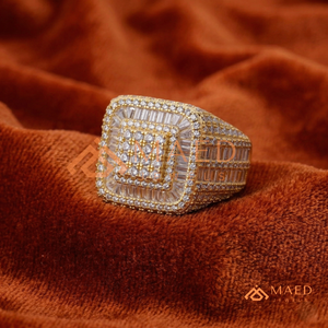 18K Gold Plated Tiered Square <b>Ring</b> | Iced Out Baguette & Round Stone Medallion | Hip Hop Gold Statement Band for <b>Men</b> - Product Image 1