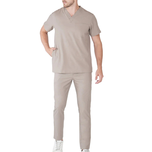 Ensemble de blouses médicales pour hommes, col en V, manches courtes, uniformes de travail hospitaliers, beige, coton et polyester, pantalon inclus - Product Image 1