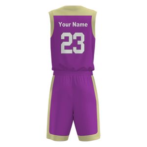 Ensemble de maillot de basket-ball personnalisé violet et or, col en V, sans manches, impression sublimée, polyester à séchage rapide, uniforme unisexe adulte, toutes saisons - Product Image 2