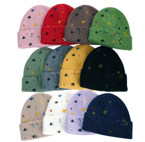 Bonnet en tricot noir avec points brodés colorés, bord côtelé, chapeau d'hiver - Product Image 4
