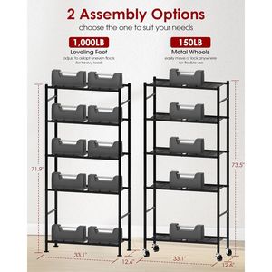 Scaffale Metallico a 5 Ripiani per Carichi Pesanti con Piedini Regolabili e Ruote Metalliche, Organizzatore per Garage e Officine - Product Image 2