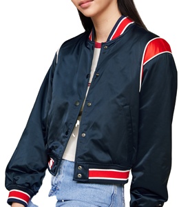 Bombardero de satén de alta calidad para mujer, chaqueta universitaria deportiva, chaqueta universitaria con botones delanteros de tela de satén recortada, chaqueta universitaria con letras bordadas - Product Image 5